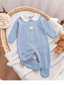 SHEIN Kids Kids Newborn Duck Embroidery Autumn Winter Sweater Romper Neutral Baby - Blue - View 4