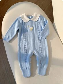 SHEIN Kids Kids Newborn Duck Embroidery Autumn Winter Sweater Romper Neutral Baby - Blue - View 5