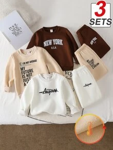 3pcs/Set Baju Sweatshirt Anak Laki-laki, Kombinasi Multi-Warna, Sweatshirt Tebal Kasual Modis dengan Cetakan Huruf, Cocok untuk Pemakaian Sehari-hari, Jalan-jalan, Sekolah dan Acara Lainnya, Musim Gugur/Musim Dingin - MultiWarna - View 1