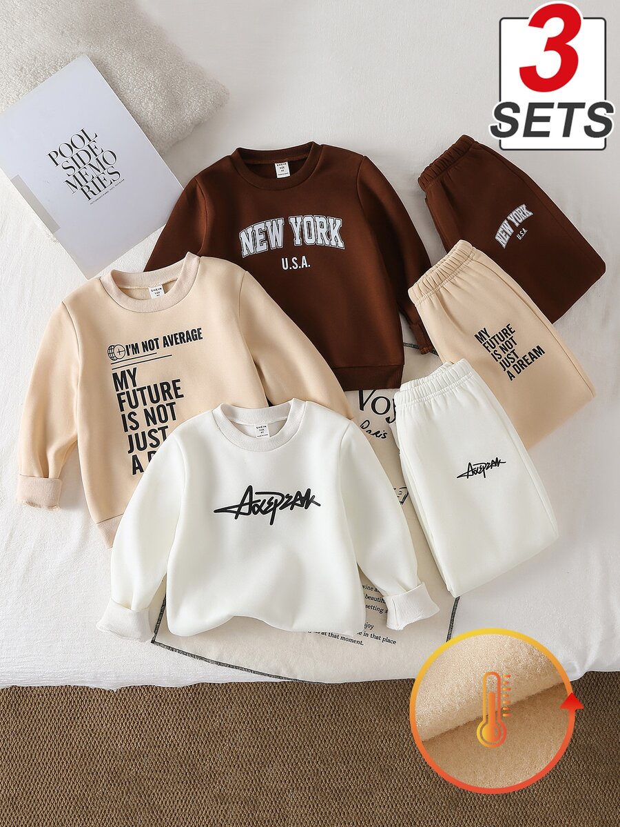 3pcs/Set Baju Sweatshirt Anak Laki-laki, Kombinasi Multi-Warna, Sweatshirt Tebal Kasual Modis dengan Cetakan Huruf, Cocok untuk Pemakaian Sehari-hari, Jalan-jalan, Sekolah dan Acara Lainnya, Musim Gugur/Musim Dingin - MultiWarna - View 1