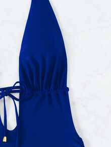 SHEIN Swim مايوه نسائي منقطع الأكمام بربطة أمامية وظهر مفتوح وربطة حول العنق، بلون سادة وعميق الرقبة للإجازات - أزرق غامق - مشاهدة 8