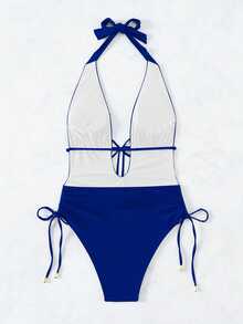 SHEIN Swim مايوه نسائي منقطع الأكمام بربطة أمامية وظهر مفتوح وربطة حول العنق، بلون سادة وعميق الرقبة للإجازات - أزرق غامق - مشاهدة 6