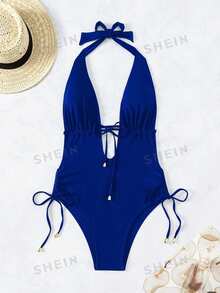 SHEIN Swim مايوه نسائي منقطع الأكمام بربطة أمامية وظهر مفتوح وربطة حول العنق، بلون سادة وعميق الرقبة للإجازات - أزرق غامق - مشاهدة 5