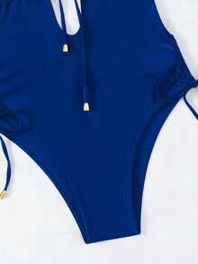 SHEIN Swim مايوه نسائي منقطع الأكمام بربطة أمامية وظهر مفتوح وربطة حول العنق، بلون سادة وعميق الرقبة للإجازات - أزرق غامق - مشاهدة 7