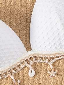 SHEIN Swim 女士 Springbreak 纯色纹理面料贝壳肩带装饰露背前系带比基尼上衣（配件数量随机） - 白色 - 查看 3