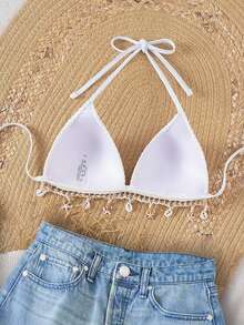 SHEIN Swim 女士 Springbreak 纯色纹理面料贝壳肩带装饰露背前系带比基尼上衣（配件数量随机） - 白色 - 查看 2
