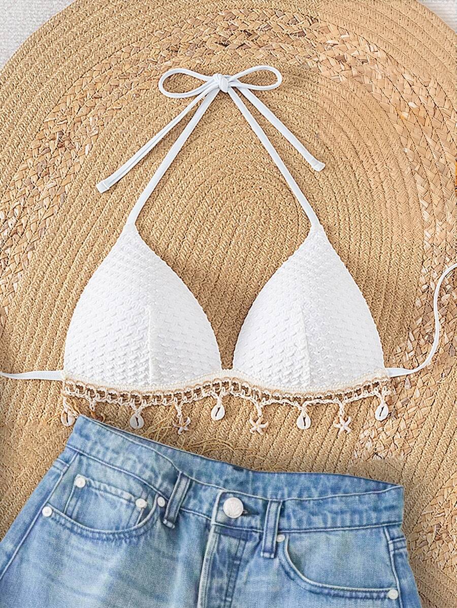 SHEIN Swim 女士 Springbreak 纯色纹理面料贝壳肩带装饰露背前系带比基尼上衣(配件数量随机) - 白色 - 查看 1