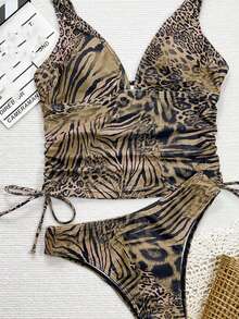 SHEIN Swim 2 件豹纹女式沙滩装，深 V 露背聚拢分体泳衣套装，休闲夏季沙滩泳装 - 彩色 - 查看 4