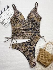 SHEIN Swim 2 件豹纹女式沙滩装，深 V 露背聚拢分体泳衣套装，休闲夏季沙滩泳装 - 彩色 - 查看 5