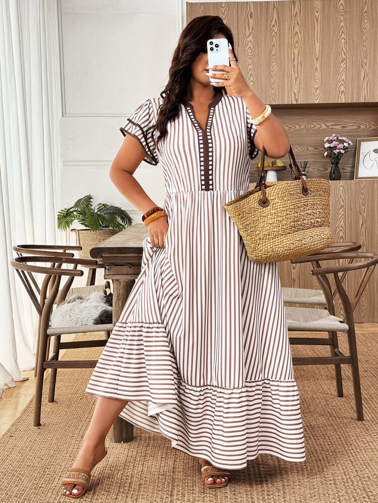 Weeklong Plus Size Women's White Summer Boho Vacation Holiday Striped Print V-Neck Contrast Trim Double-Layer Flutter Sleeve Dress,Casual Commuter Office Wear - Multicolor - View 7