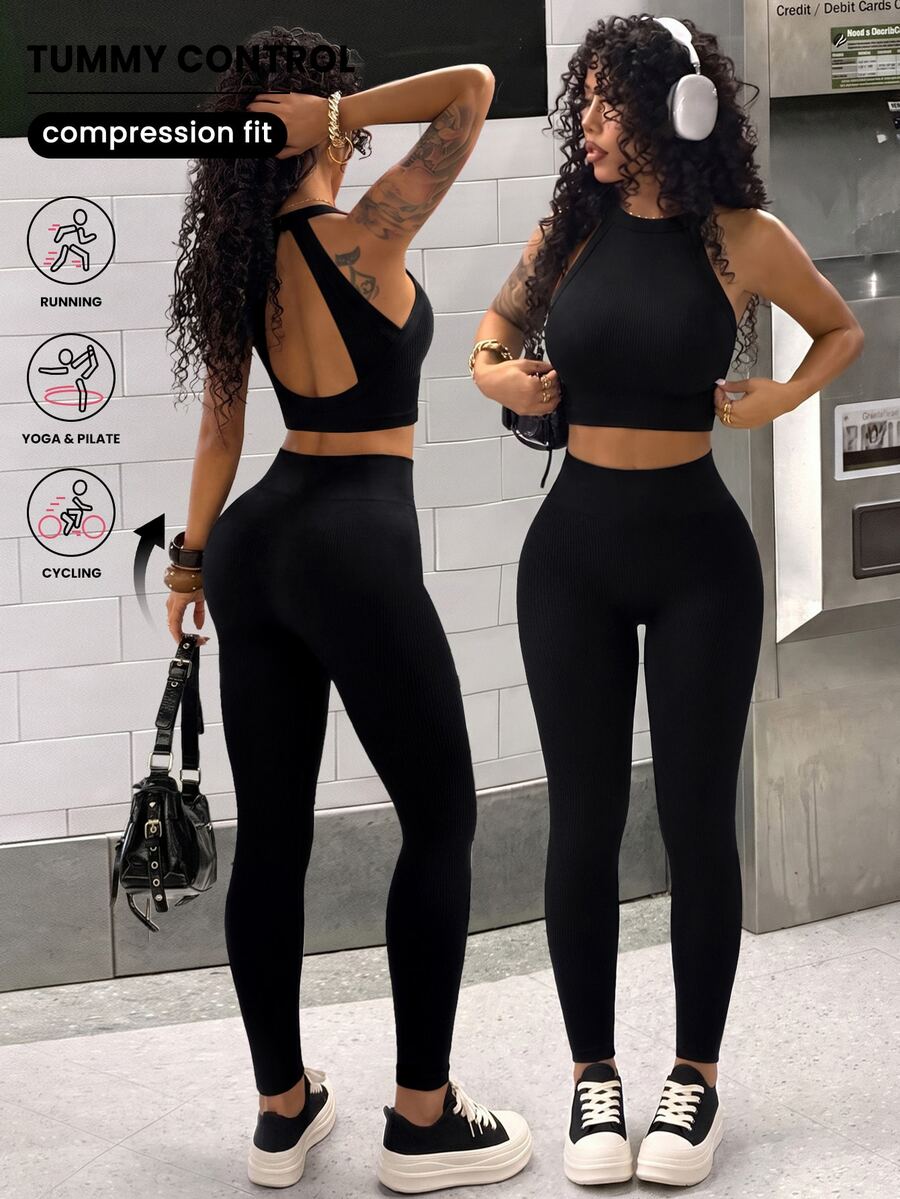 StreetHx Women's Backless Sleeveless Black Seamless Yoga Fitness Sports Set - Black - View 1
