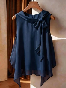 Franclia Plus Size Asymmetrical Hem Bowknot Sleeveless Chiffon Blouse, Fashion Resort Style, Spring/Summer - Navy Blue - View 3
