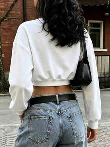 Rovax Loose Fit Cropped Crew Neck Drop Shoulder Long Sleeve Top - White - View 2