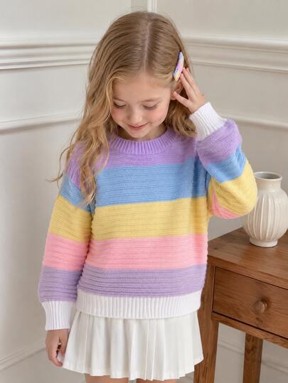 SHEIN Genkimix Kids Young Girl Casual Colorblock Round Neck Oversized Sweater, Autumn Winter Clothes For Young Girls Jumper Back-To-School Knitted Top School Winter Long Sleeves