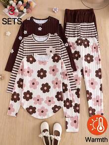 SHEIN 青少年女孩 T-Shirt 套裝，棕色與白色、棕粉色與白色蝴蝶結花卉羅紋大花印花毛絨套裝，秋季，休閒可愛 - 彩色 - 查看 9