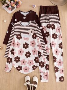 SHEIN 青少年女孩 T-Shirt 套裝，棕色與白色、棕粉色與白色蝴蝶結花卉羅紋大花印花毛絨套裝，秋季，休閒可愛 - 彩色 - 查看 10