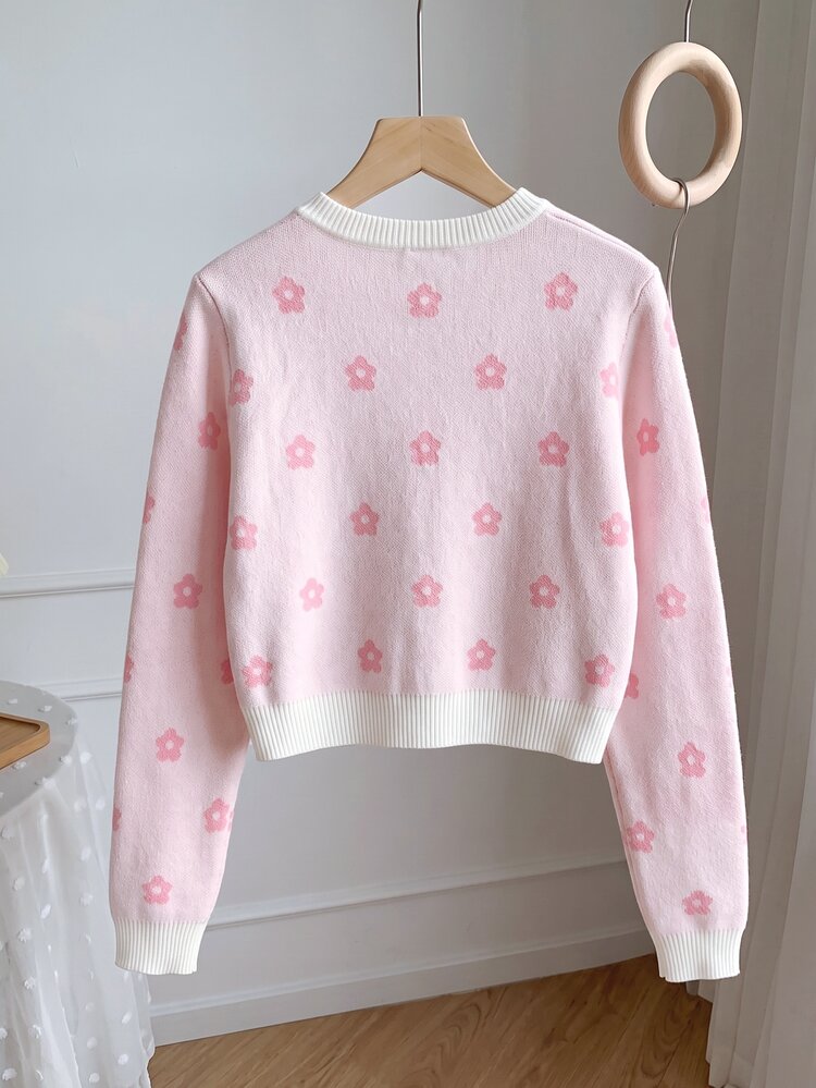 SHEIN Girls' Heart Pattern Hand-Crafted Bow Knitted Sweater Long Sleeve Autumn Fall - Multicolor - View 4
