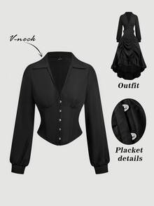 SHEIN MOD Blus Wanita Kasual Elegan Serbaguna Warna Polos dengan Pinggang Berkerut, Pakaian Musim Gugur, Gaya Goth, Busana Renaissance, Pakaian Malam Halloween Bergaya Country, Warna Hitam - Hitam - View 5