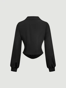 SHEIN MOD Blus Wanita Kasual Elegan Serbaguna Warna Polos dengan Pinggang Berkerut, Pakaian Musim Gugur, Gaya Goth, Busana Renaissance, Pakaian Malam Halloween Bergaya Country, Warna Hitam - Hitam - View 4