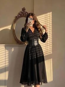 SHEIN MOD Blus Wanita Kasual Elegan Serbaguna Warna Polos dengan Pinggang Berkerut, Pakaian Musim Gugur, Gaya Goth, Busana Renaissance, Pakaian Malam Halloween Bergaya Country, Warna Hitam - Hitam - View 3