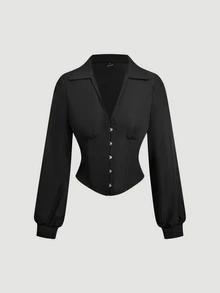 SHEIN MOD Blus Wanita Kasual Elegan Serbaguna Warna Polos dengan Pinggang Berkerut, Pakaian Musim Gugur, Gaya Goth, Busana Renaissance, Pakaian Malam Halloween Bergaya Country, Warna Hitam - Hitam - View 2