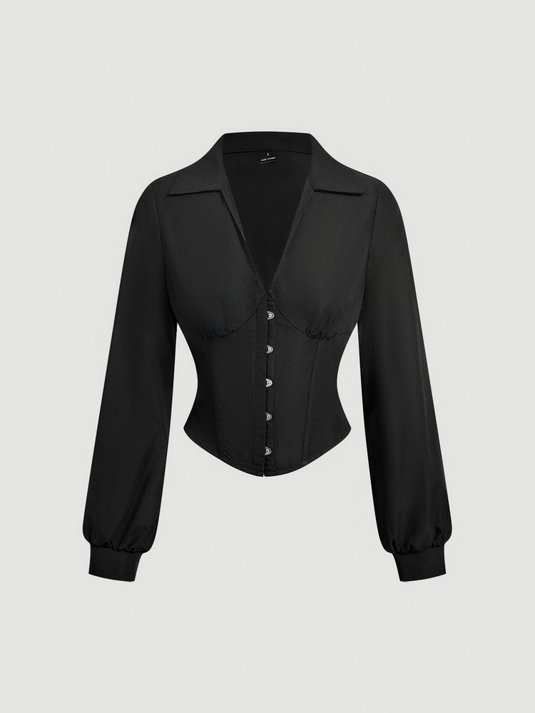 SHEIN MOD Women's Casual Elegant Versatile Solid Color Cinched Waist Blouse, Autumn Clothes, Goth, Renaissance Outfit, Country Halloween Dinner Night Black - Black - View 2