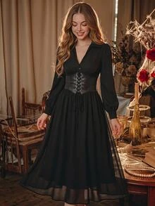 SHEIN MOD Blus Wanita Kasual Elegan Serbaguna Warna Polos dengan Pinggang Berkerut, Pakaian Musim Gugur, Gaya Goth, Busana Renaissance, Pakaian Malam Halloween Bergaya Country, Warna Hitam - Hitam - View 1