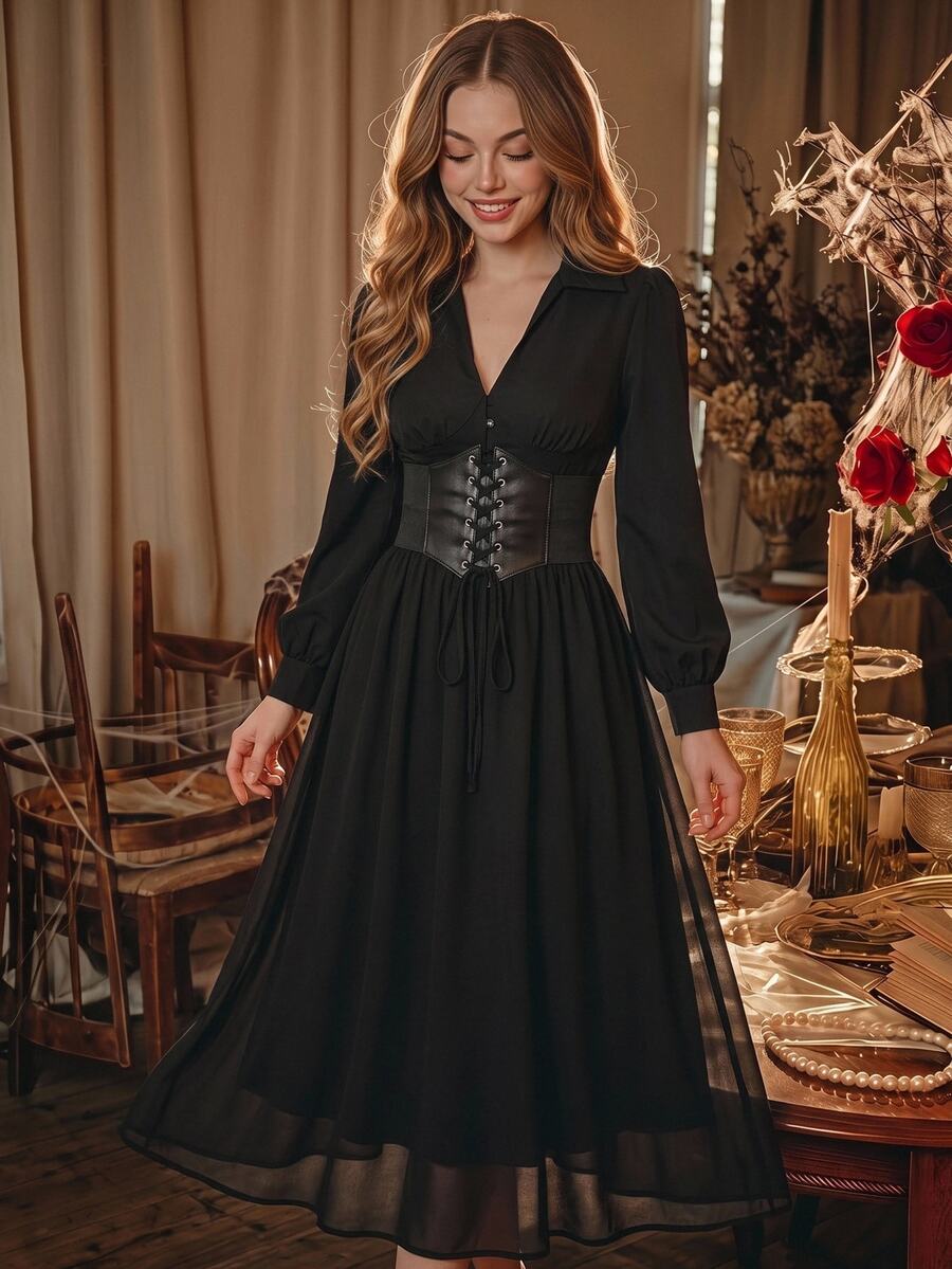 SHEIN MOD Blus Wanita Kasual Elegan Serbaguna Warna Polos dengan Pinggang Berkerut, Pakaian Musim Gugur, Gaya Goth, Busana Renaissance, Pakaian Malam Halloween Bergaya Country, Warna Hitam - Hitam - View 1
