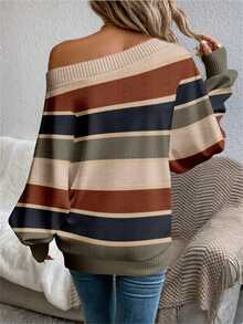 EMERY ROSE Women's Casual Retro Commuter Versatile Striped Off-Shoulder Long Sleeve Loose Sweater, Comfortable, Soft And Warm For Autumn/Winter - Multicolor - View 2