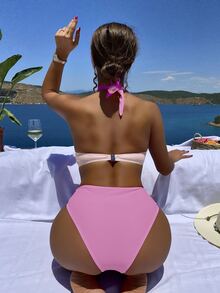 Swim SXY Summer Beach Colorblock Cut-Out Halter One Piece Swimsuit - Pink - View 2