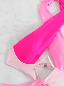 Swim SXY Summer Beach Colorblock Cut-Out Halter One Piece Swimsuit - Pink - View 5