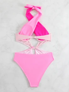 Swim SXY Summer Beach Colorblock Cut-Out Halter One Piece Swimsuit - Pink - View 4