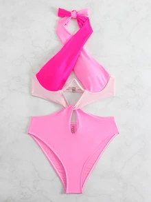 Swim SXY Summer Beach Colorblock Cut-Out Halter One Piece Swimsuit - Pink - View 3