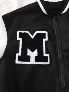SHEIN Sparklyn Teen Girls Fall Clothes Black And White Long Sleeve Colorblock Letter Graphic Zip-Up Casual Baggy Streetwear Baseball Jacket Winter School Work - Black and White - View 8