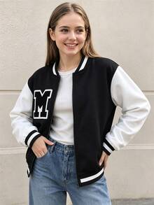 SHEIN Sparklyn Teen Girls Fall Clothes Black And White Long Sleeve Colorblock Letter Graphic Zip-Up Casual Baggy Streetwear Baseball Jacket Winter School Work - Black and White - View 2