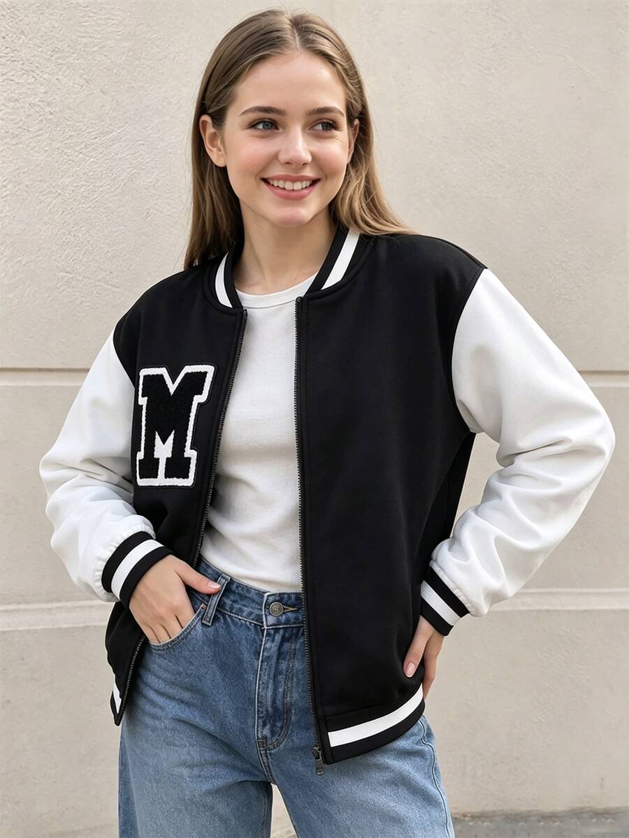 SHEIN Sparklyn Teen Girls Fall Clothes Black And White Long Sleeve Colorblock Letter Graphic Zip-Up Casual Baggy Streetwear Baseball Jacket Winter School Work
