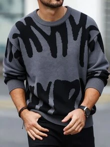 Manfinity Hypemode Men's Plus Size Casual Street Letter Pattern Sweater, Autumn/Winter Goth Vacation Office Dark Grey - Dark Grey - View 1