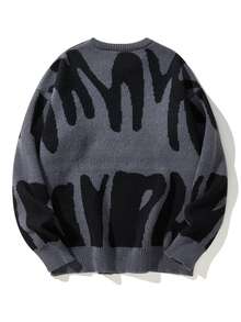Manfinity Hypemode Men's Plus Size Casual Street Letter Pattern Sweater, Autumn/Winter Goth Vacation Office Dark Grey - Dark Grey - View 3