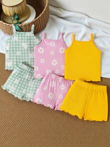 SHEIN Playful Pals 6pcs/Pack Baby Girls' Summer New Comfortable Versatile Modest Sweet Cute Strap Shorts Set, Family Matching Photoshoot Green Pink Pastel Yellow - Multicolor - View 7