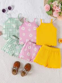 SHEIN Playful Pals 6pcs/Pack Baby Girls' Summer New Comfortable Versatile Modest Sweet Cute Strap Shorts Set, Family Matching Photoshoot Green Pink Pastel Yellow - Multicolor - View 8