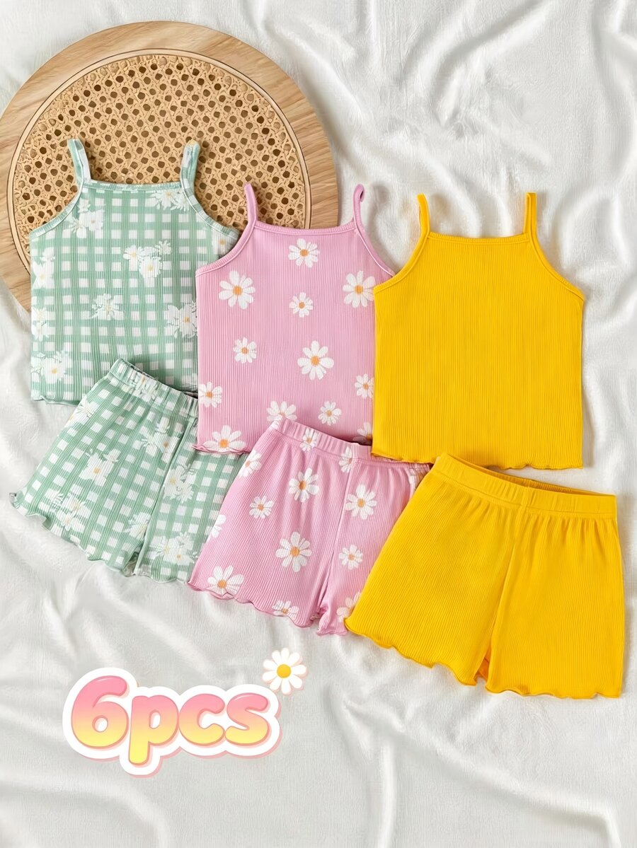 SHEIN Playful Pals 6pcs/Pack Baby Girls' Summer New Comfortable Versatile Modest Sweet Cute Strap Shorts Set, Family Matching Photoshoot Green Pink Pastel Yellow - Multicolor - View 1