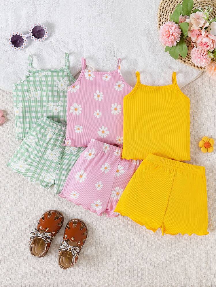 SHEIN Playful Pals 6pcs/Pack Baby Girls' Summer New Comfortable Versatile Modest Sweet Cute Strap Shorts Set, Family Matching Photoshoot Green Pink Pastel Yellow - Multicolor - View 2