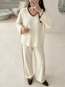 Mulvari Women's Floral Trim V-Neck Drop Shoulder Long Sleeve Sweatshirt And Pants Casual 2 Pieces Set - Light Yellow - View 3