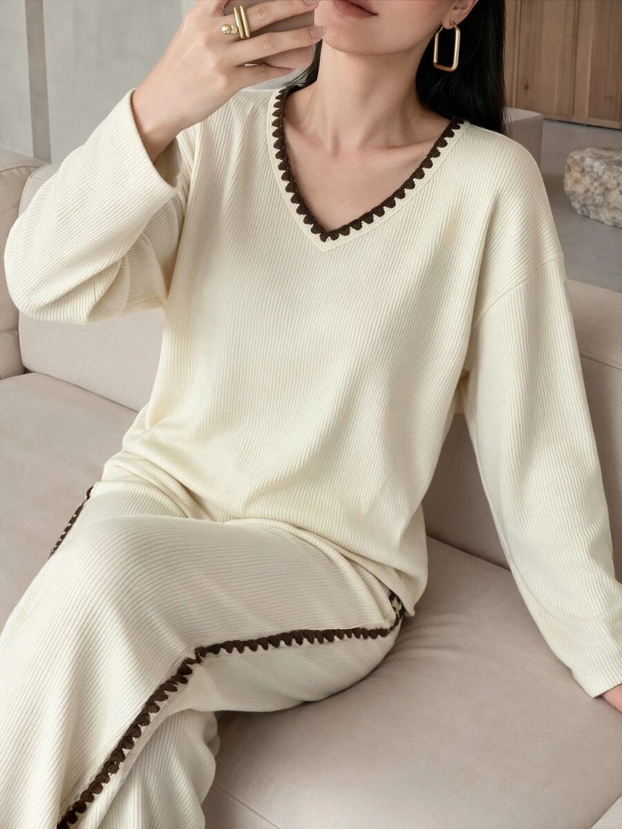 Mulvari Women's Floral Trim V-Neck Drop Shoulder Long Sleeve Sweatshirt And Pants Casual 2 Pieces Set - Light Yellow - View 1