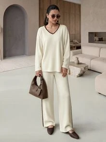 Mulvari Women's Floral Trim V-Neck Drop Shoulder Long Sleeve Sweatshirt And Pants Casual 2 Pieces Set - Light Yellow - View 7