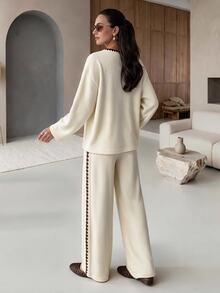 Mulvari Women's Floral Trim V-Neck Drop Shoulder Long Sleeve Sweatshirt And Pants Casual 2 Pieces Set - Light Yellow - View 2