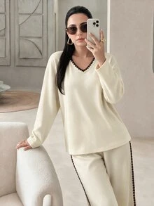 Mulvari Women's Floral Trim V-Neck Drop Shoulder Long Sleeve Sweatshirt And Pants Casual 2 Pieces Set - Light Yellow - View 5