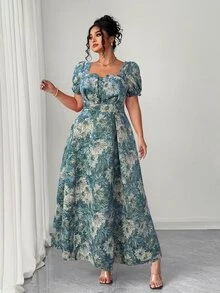 DreamSkyne 大码女式优雅复古花卉提花方领束腰长裙，适合返校、毕业、情人节、圣诞节、音乐节、母亲节、万圣节、感恩节、复活节、国庆节、舞会、约会派对、婚礼季、户外旅行 - 彩色 - 查看 4