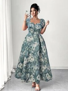 DreamSkyne 大码女式优雅复古花卉提花方领束腰长裙，适合返校、毕业、情人节、圣诞节、音乐节、母亲节、万圣节、感恩节、复活节、国庆节、舞会、约会派对、婚礼季、户外旅行 - 彩色 - 查看 3