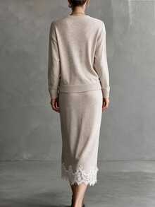Omancia Spring/Autumn French Gentle Style Knitted 2-Piece Set, Round Neck Dropped Shoulder Long Sleeve Front Short Back Long Split Top + High Waist Mid-Length Lace Hem Skirt, Daily Commute Date Light Business Layering Versatile Elegant Style Women's Sweater Set - Apricot - View 2
